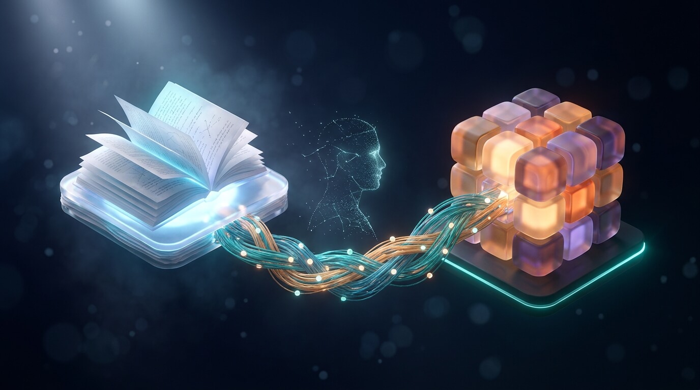 Interconnected LMS and CRM systems linked as a single flowing data network hero visual