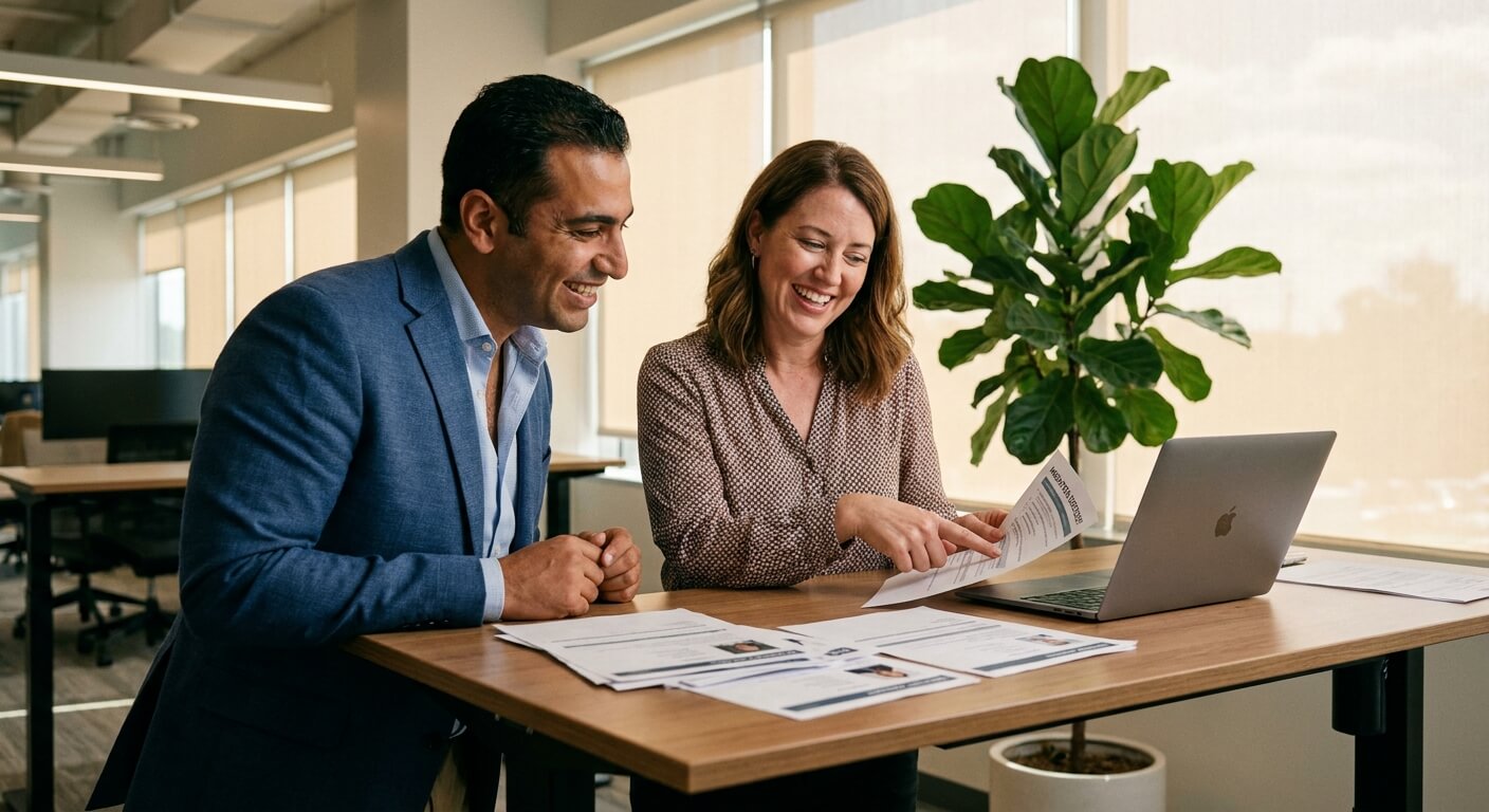 Two recruitment consultants reviewing AI-generated candidate shortlist on laptop in collaborative office setting